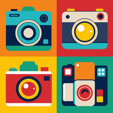 Four colorful retro cameras against different colored backgrounds.のイラスト素材