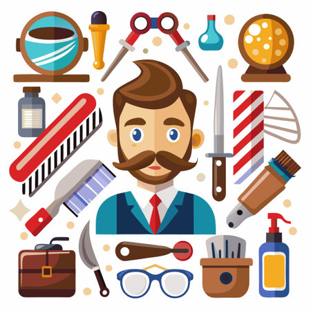 Barber Shop Illustration with Tools and Man.のイラスト素材