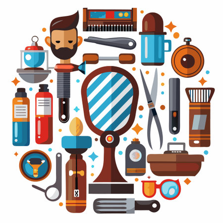 A collection of barber shop tools and equipment in flat design style.のイラスト素材