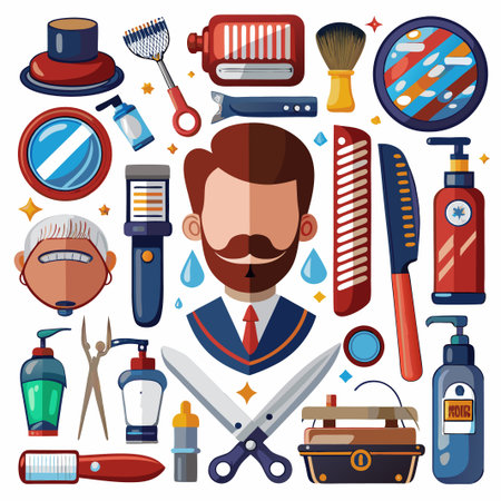 Collection of various barber shop and hair salon tools and equipment in flat cartoon style.のイラスト素材