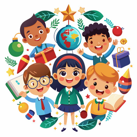 Diverse group of smiling children holding books and gifts, surrounded by festive decorations.のイラスト素材