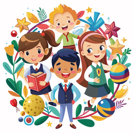 Four diverse cartoon children smiling in a colorful circle with plants.のイラスト素材