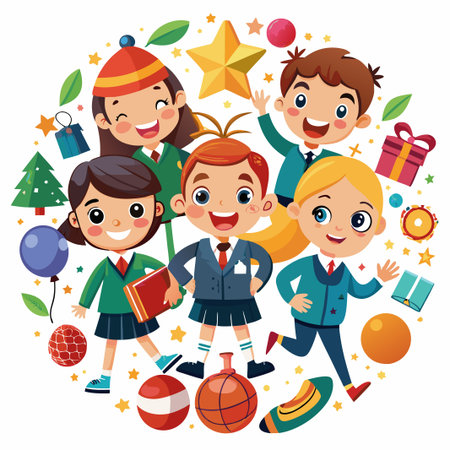 Happy children in school uniforms surrounded by colorful objects like balloons, stars, and gifts.のイラスト素材