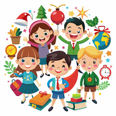 Happy children with school supplies, books, and holiday decorations in a circle.のイラスト素材
