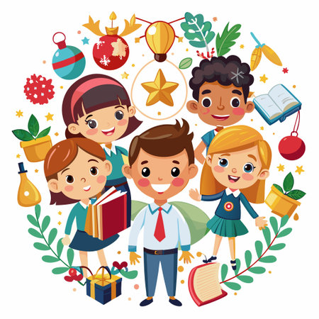 Cheerful children in a circle surrounded by festive items, perfect for a holiday or education theme.のイラスト素材
