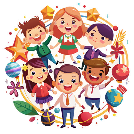 Six happy children with festive decorations.のイラスト素材
