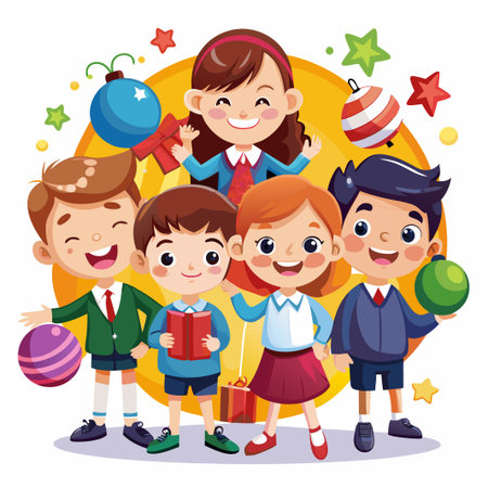 Group of kids standing together holding colorful baubles with festive celebration decorations.のイラスト素材