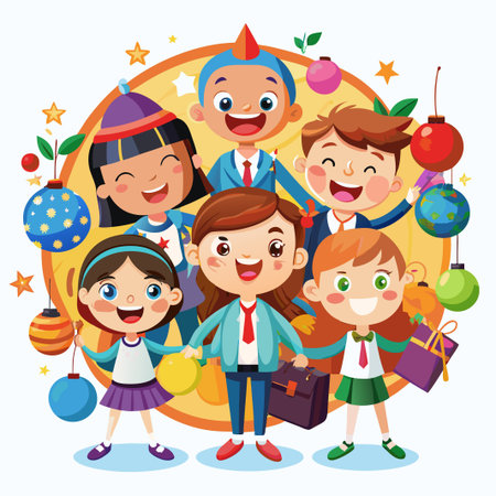 Happy kids holding colorful baubles and gifts.のイラスト素材
