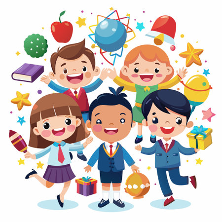 Happy children with gifts and school supplies celebrating.のイラスト素材