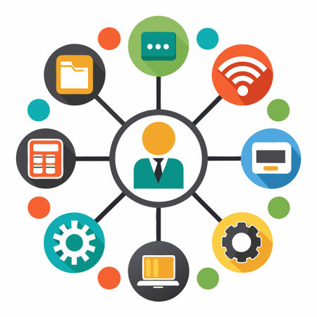Businessman connected to various icons representing communication, data, and work.のイラスト素材