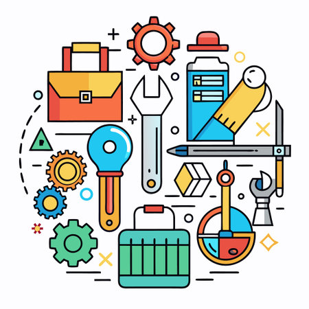 Colorful set of tools icons, gears, and shapes in circular design.のイラスト素材