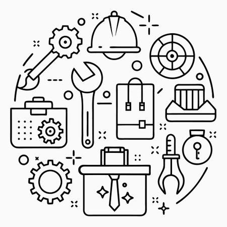 Black and white outline icons of gears, wrench, briefcase, helmet, and tie.のイラスト素材