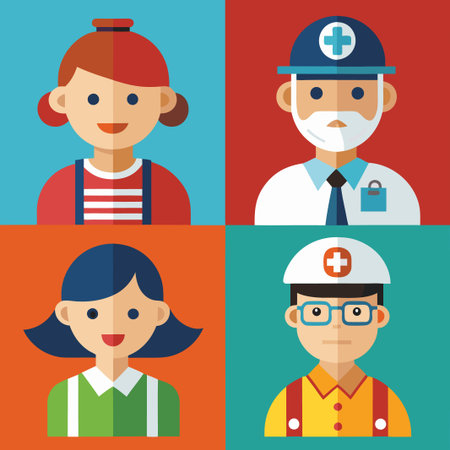 Flat design illustration of four people, two women and two men, in different medical professions.のイラスト素材