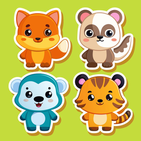 Cute Cartoon Animal Stickers Fox, Raccoon, Monkey, Tiger.のイラスト素材
