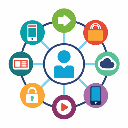 Colorful infographic of connected icons representing technology and social media.のイラスト素材