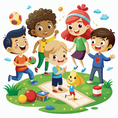 Cheerful group of children playing together in a park.のイラスト素材