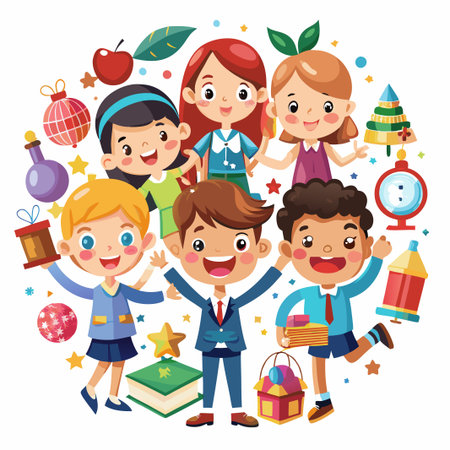 Happy Children Holding School Supplies.のイラスト素材