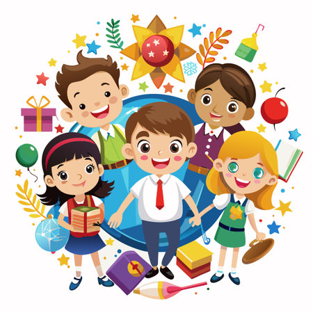 Four diverse children smiling with gifts and school supplies.のイラスト素材
