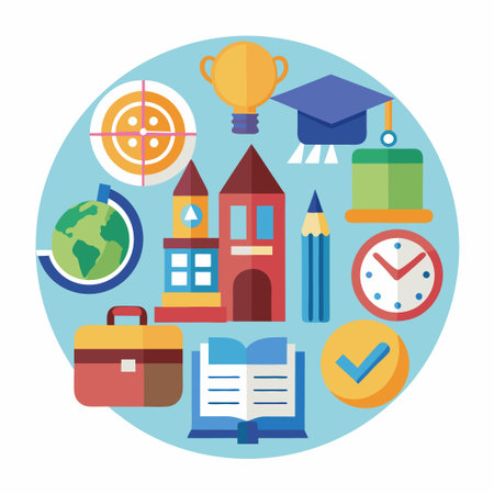 Flat icons on a blue circle, depicting school-related items.のイラスト素材