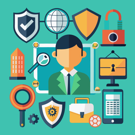 Businessman with security shields and digital devices.のイラスト素材