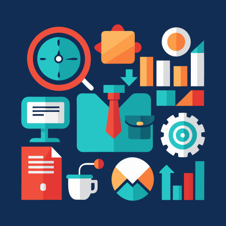 Colorful business infographic with icons of time, growth, charts, computer, coffee, and more.のイラスト素材