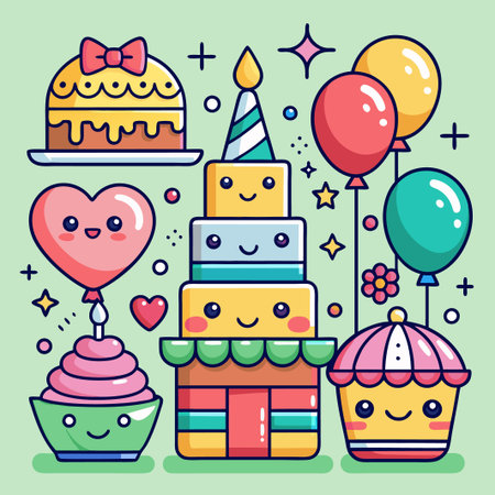 Cute birthday celebration with cake, cupcakes, balloons, and gift.
