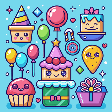 Cute cartoon characters celebrating a birthday with balloons, cake, candy and a gift box.のイラスト素材