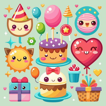 Cute Cartoon Birthday Party Elements with Hearts, Balloons, Cakes, Gifts and Sun.のイラスト素材