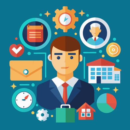 Businessman with flat icons around him.のイラスト素材