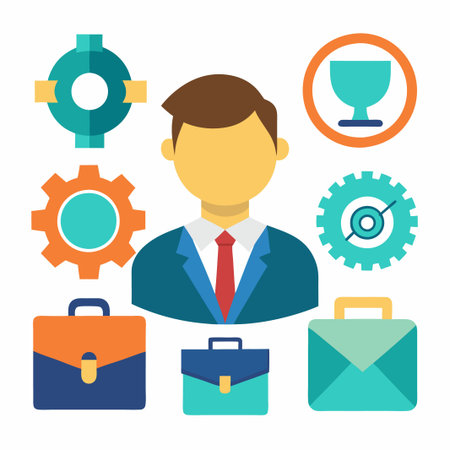 Businessman with briefcase, gear, and trophy icons, representing success and strategy.のイラスト素材
