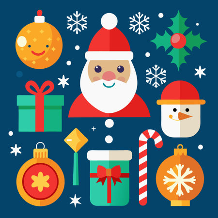 Cute Christmas Icons with Santa, Snowman, Ornaments, Gift, Candy Cane and Holly.のイラスト素材
