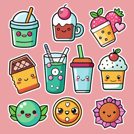 Cute Kawaii Stickers of Dessert and Food with Happy Faces.のイラスト素材