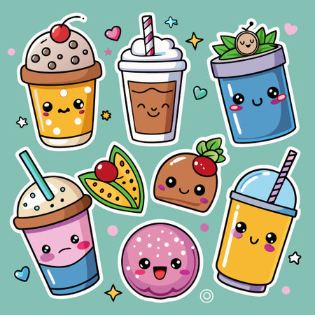 Cute cartoon drinks and desserts with kawaii faces.のイラスト素材