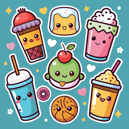 Cute Kawaii Food and Drink Stickers.のイラスト素材