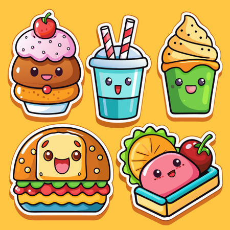Cute cartoon food sticker set including a cupcake, burger, milkshake, cake and ice cream cone with a happy face.のイラスト素材