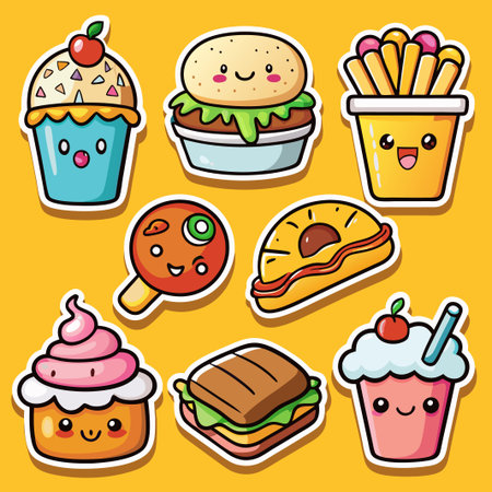 Cute cartoon food sticker collection with smiley faces.のイラスト素材