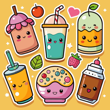Cute cartoon drinks and sweets with kawaii faces.のイラスト素材