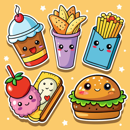 Cute cartoon fast food characters with smiling faces.のイラスト素材