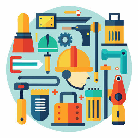 Construction worker with various tools for the job.のイラスト素材