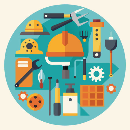 A collection of construction tools and equipment in a circle design.のイラスト素材