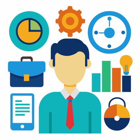 Businessman icon with various related icons such as pie chart, clock, briefcase, graph, light bulb, and smartphone.のイラスト素材