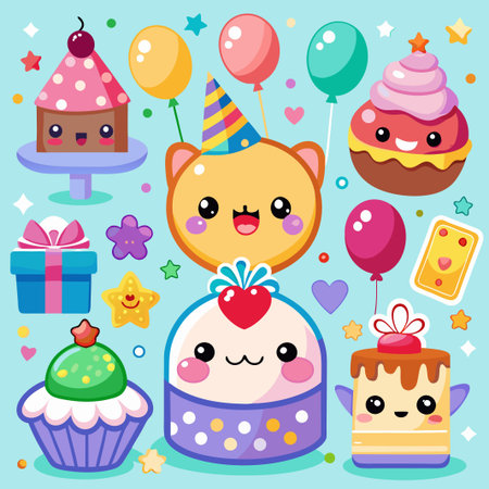 Cute cartoon birthday celebration characters.