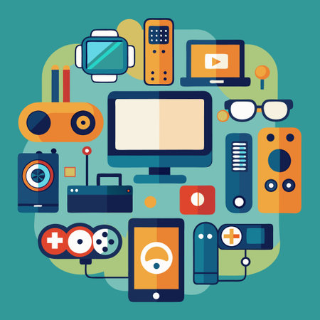 Colorful flat design illustration of various electronic devices and gadgets.のイラスト素材