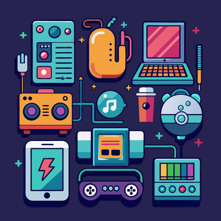 Colorful digital icons of everyday gadgets.のイラスト素材
