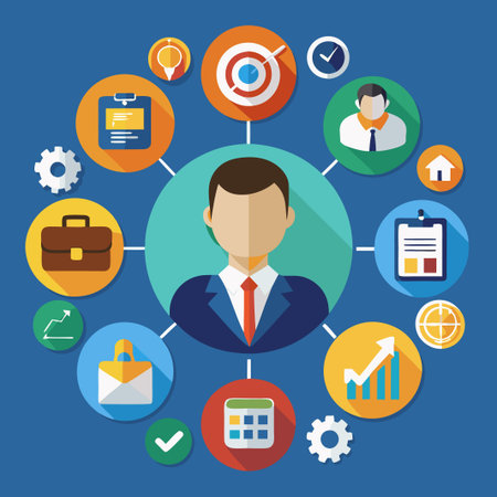Businessman with icons around him representing success, efficiency, strategy, and growth.のイラスト素材