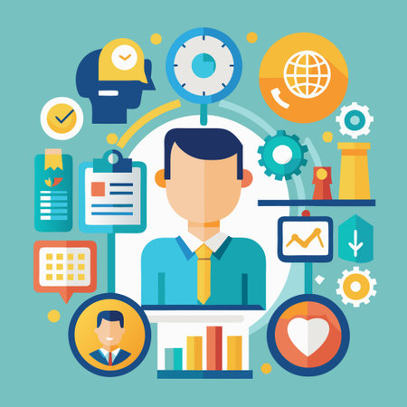 Businessman with charts, calendar, and cogs around him.のイラスト素材