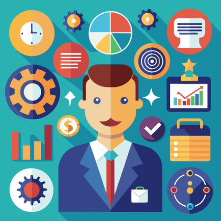 Businessman surrounded by various flat icons.のイラスト素材