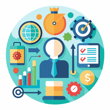 Business icons in a circle around a businessman.のイラスト素材