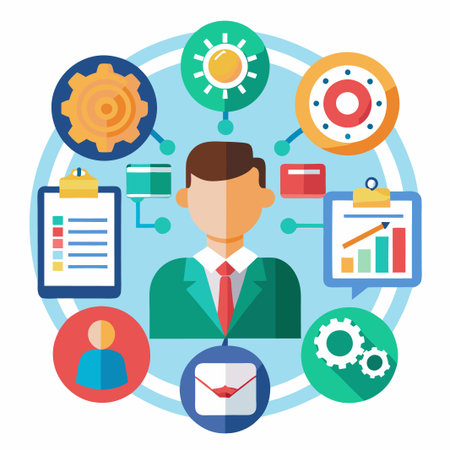 A businessman surrounded by icons representing business processes.のイラスト素材