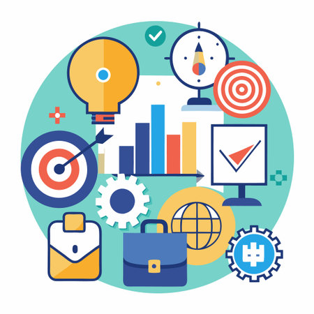 Colorful business and financial icons on a turquoise circle.のイラスト素材